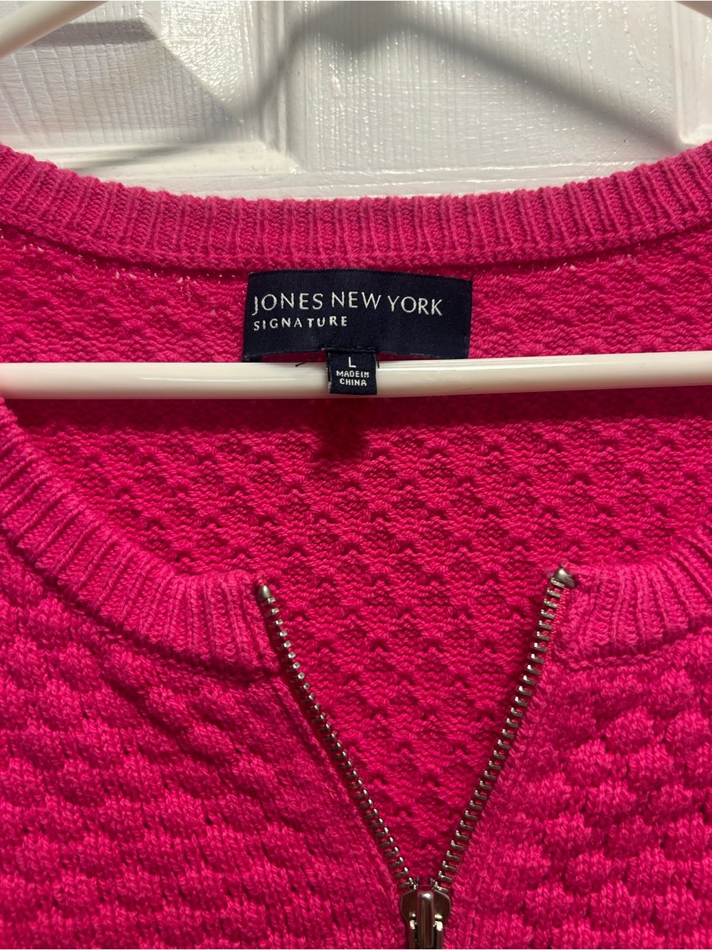 Jones New York Signature Hot Pink Zip-Front Crew Sweater